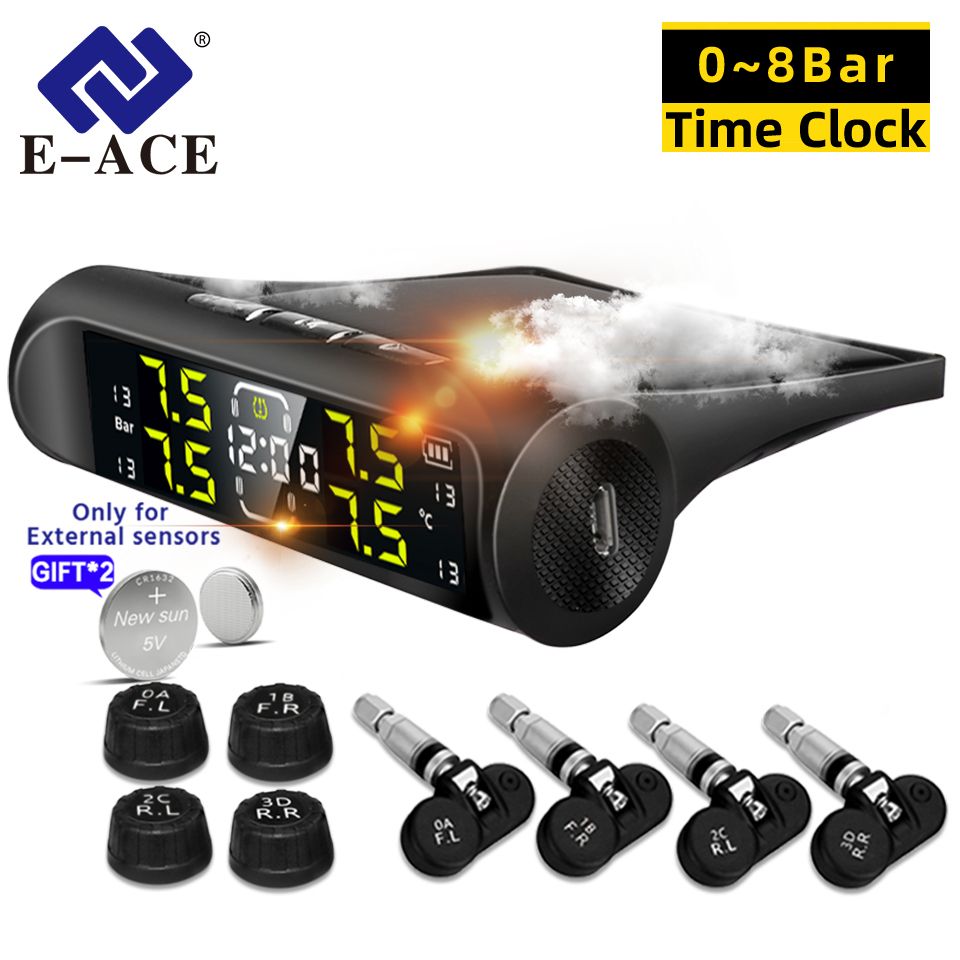 E-ACE Car Solar Tire Pressure TPMS Monitoring System Solar Power Digital tpms Display Security Alarm Tyre 4Wheel Pressure Sensor