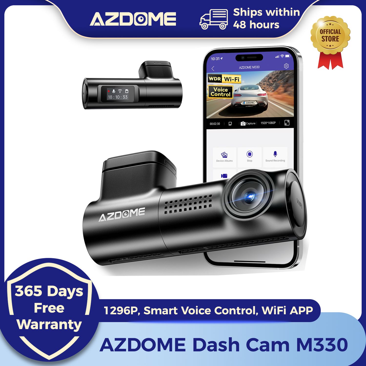 AZDOME M330 Car DVR 1296P Dash Cam Smart Voice Control WiFi Free APP G-sensor Emergency Record Parking Monitor Loop Recording