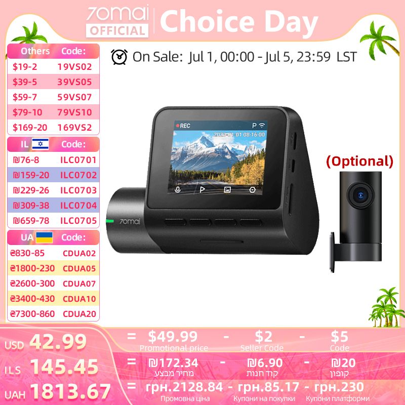 Global 70mai Dash Cam A200 Dual-channel Record 1080P HDR 2&#39;&#39; IPS Screen 24H Parking Monitor 70mai Car DVR A200 WIFI APP 130° FOV
