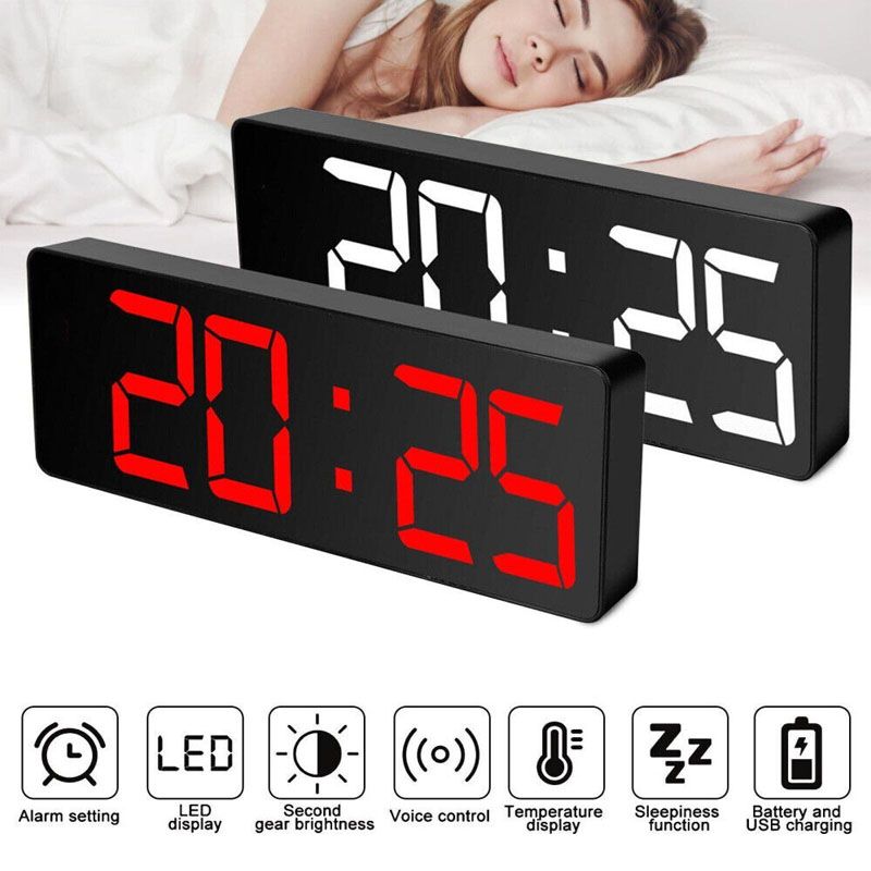 LED Voice Control Digital Alarm Clock Teperature Snooze Night Mode Desktop Table Clock 12/24H Electrnic Mirror Clock Home Decor