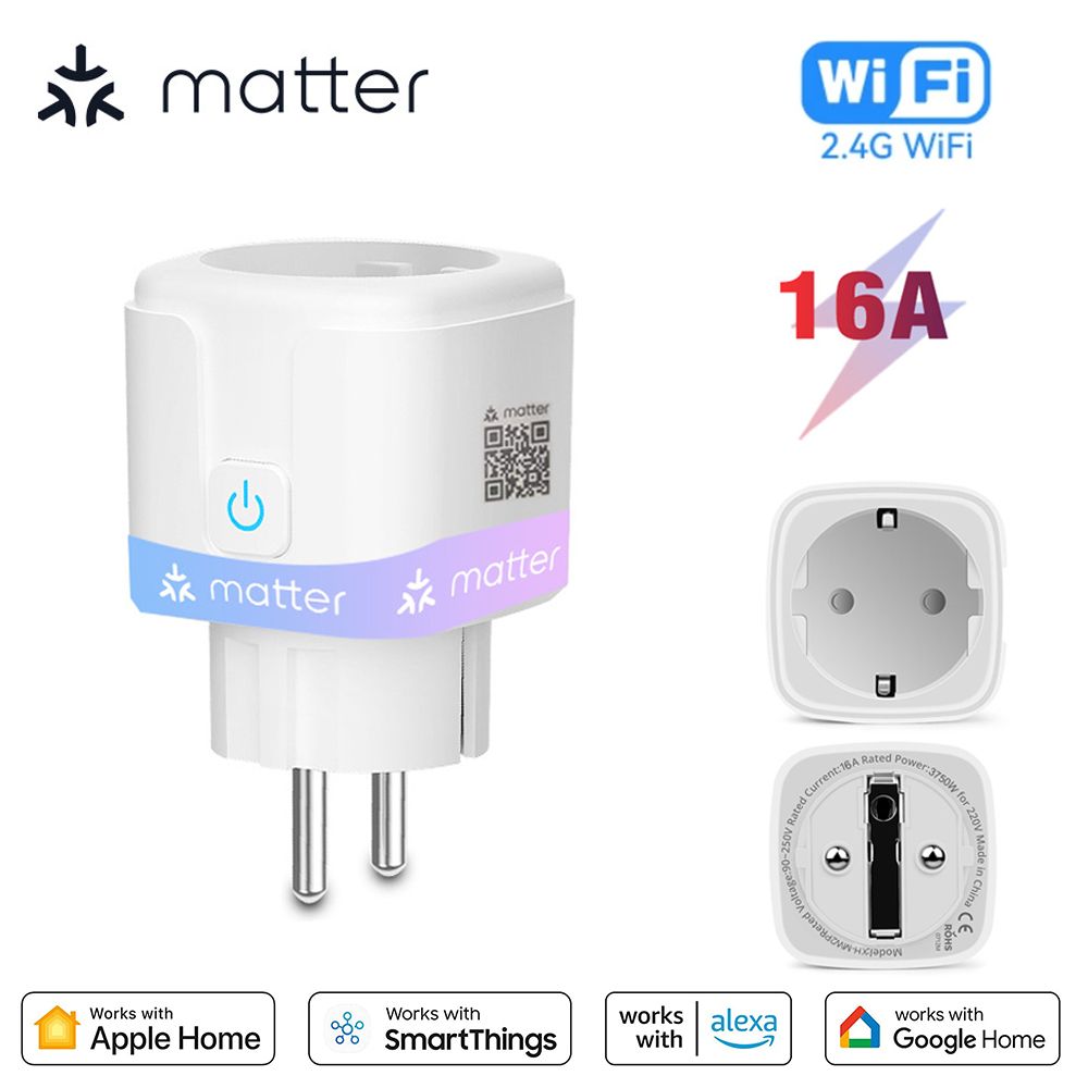 Matter WiFi Smart Socket 16A EU Home Appliance Outlet Mini Smart Plug Adapter APP Control Works with HomeKit Siri Alexa Google