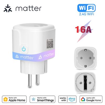 Matter WiFi Smart Socket 16A EU Home Appliance Outlet Mini Smart Plug Adapter APP Control Works with HomeKit Siri Alexa Google