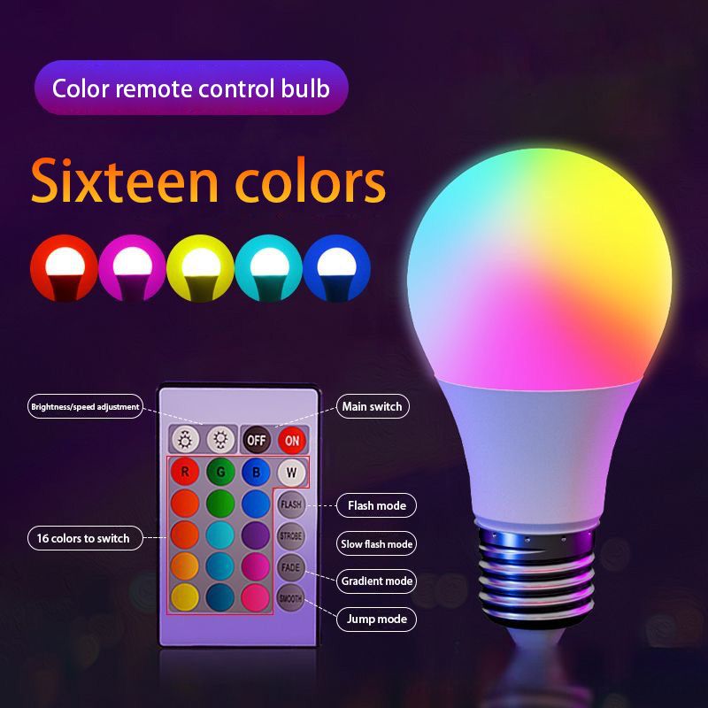220V RGB LED Color-Changing Bulb – E27 Base, 16 Colors, Dimmable with 24-Key Remote Control for Home &amp; Mood Lighting