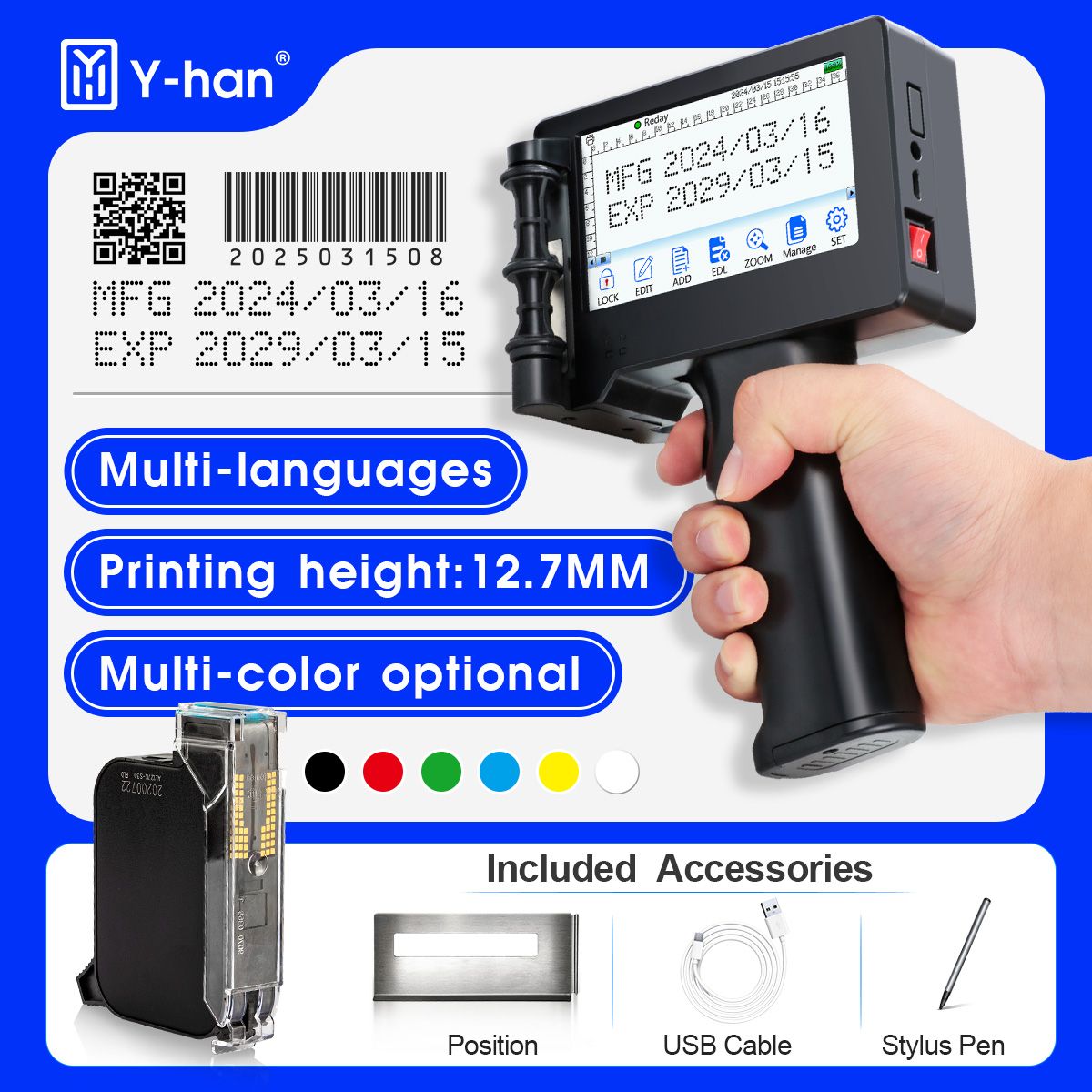 Yhan 12.7mm portable inkjet printer unencripted for Expiry Date Barcode QR Code Batch Numbers Best Value Logo Printing