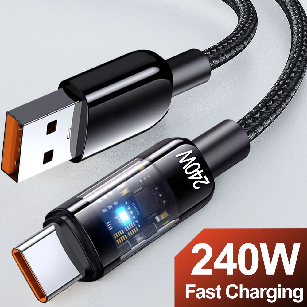 240W 10A Quick Charging USB C Cable Nylon Braided Transparent Type C High-speed Charger Wire for Samsung Huawei Mi Data Line
