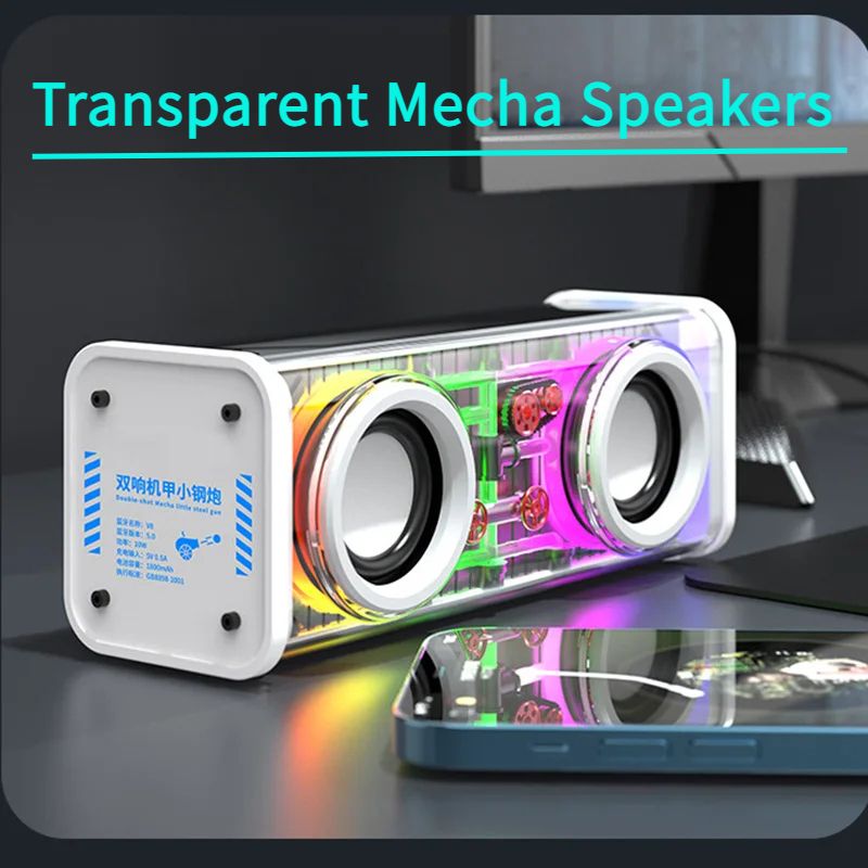 V8 Transparent Mecha Speakers Bluetooth 5.0 Wireless Double Bass Diaphragm Subwoofer Music TWS RGB Light Mini Party Loudspeaker