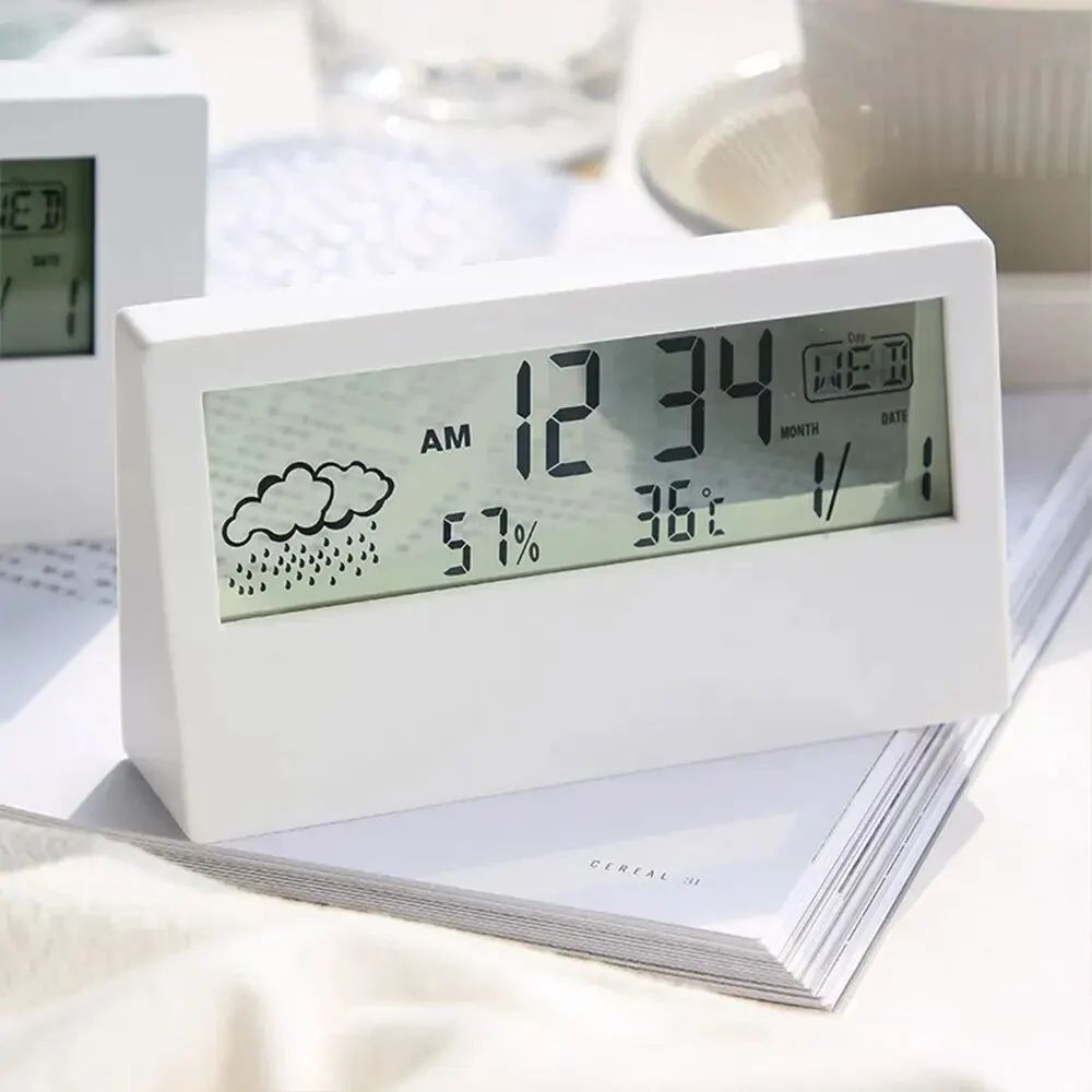 LCD Digital Alarm Clock Smart Night Light Alarm Clock Time Date Temp Humidity Display Bedside Battery Operated Desktop Clock