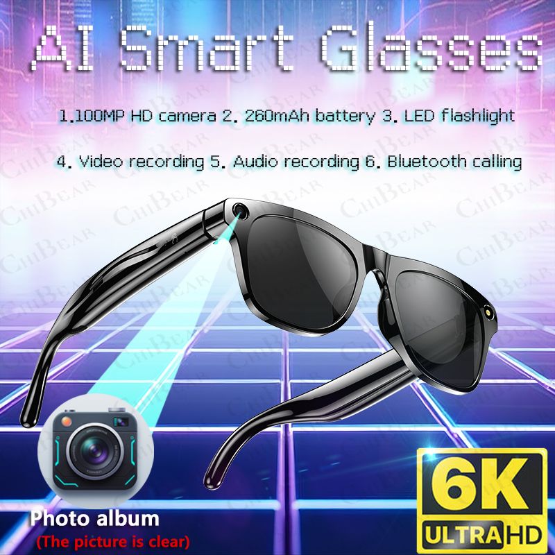 4K HD Camera AI Smart Glasses Men Bluetooth Call LED Flashlight 260Mah Battery AI Voice Assistant Man AI Smartglasses 2025 New
