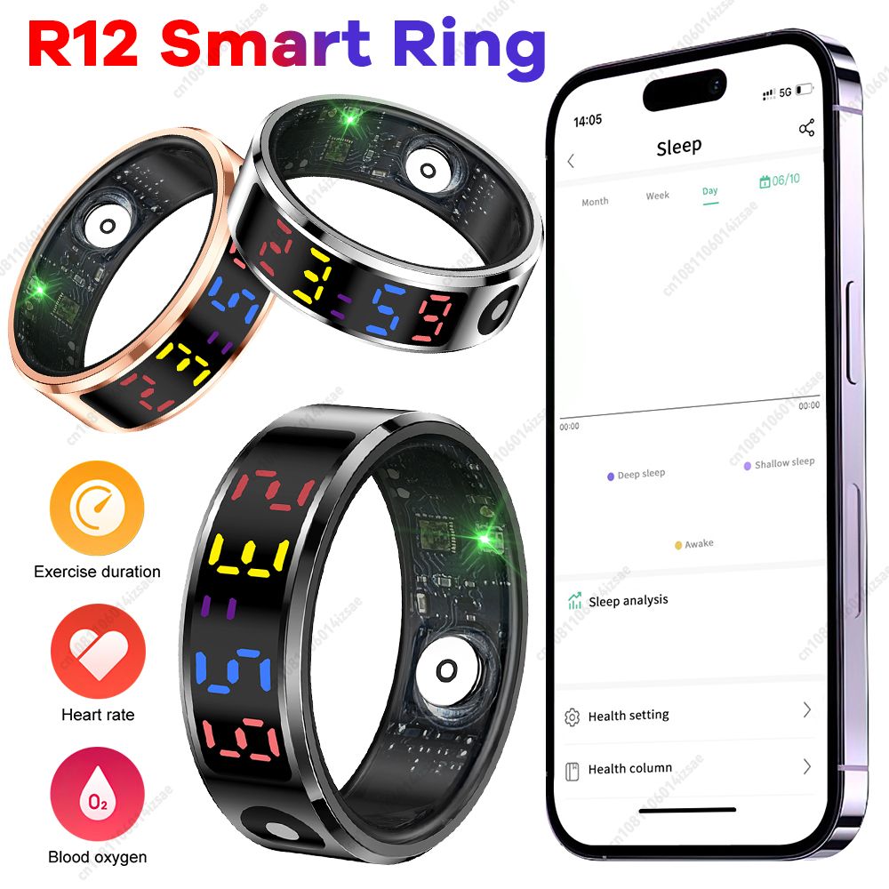 Smart Ring with Display Screen and Touch Heart Rate Blood Oxygen Monitor Ring Wireless Charging 5 ATM Waterproof for Men Women