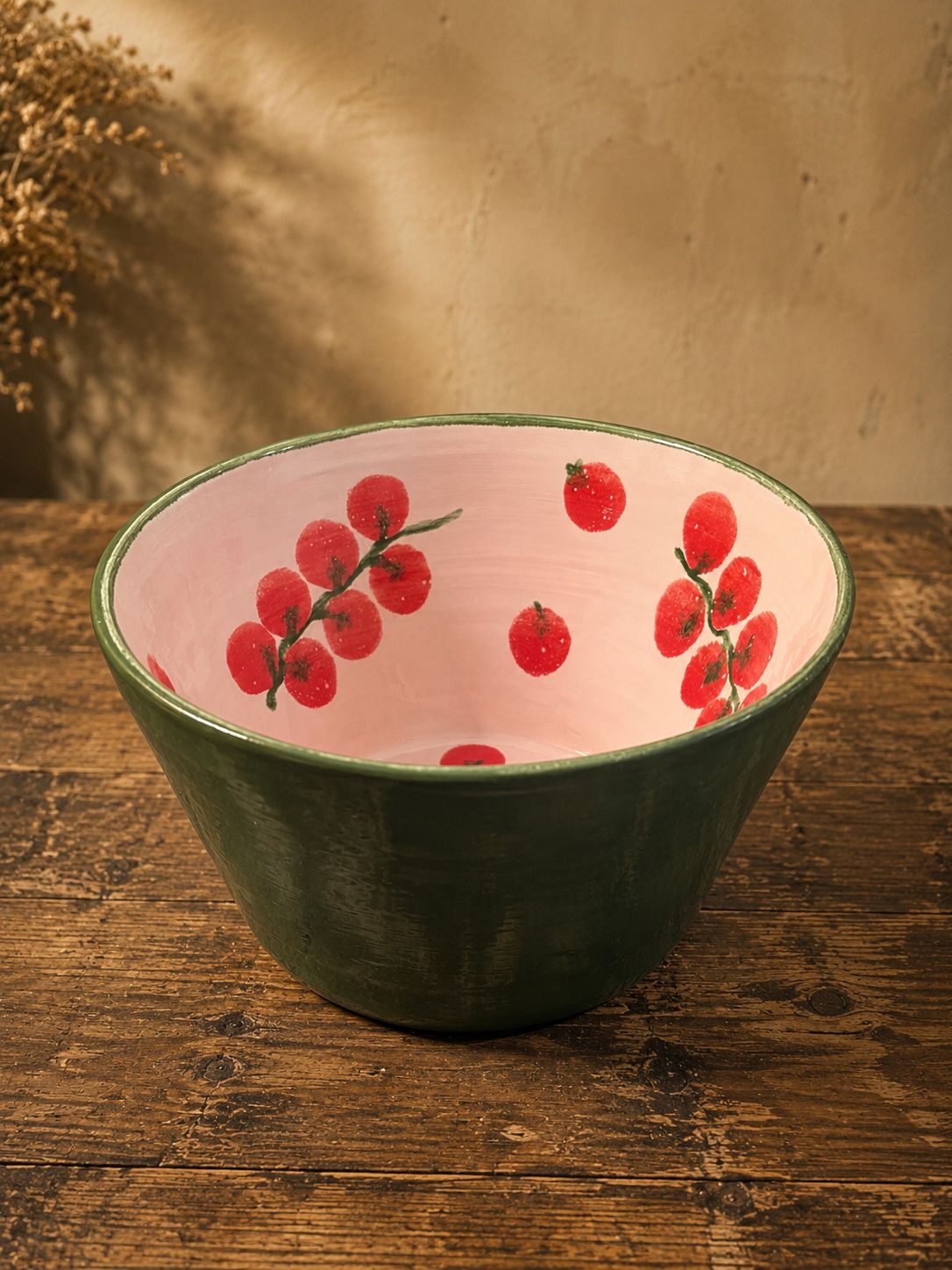 Kleine handgeschilderde slakom - Keramiek, Variant: Groen - Roze - Rode Besjes