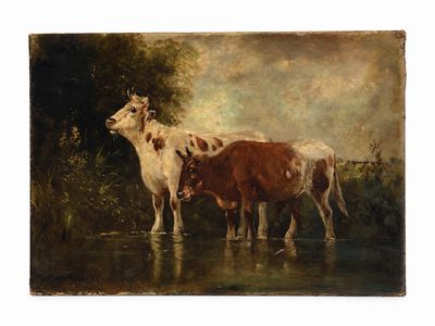Koeien bij de rivier - 1881 - olie op canvas - 19eE Belgian School, gesigneerd Maria van der Voort
