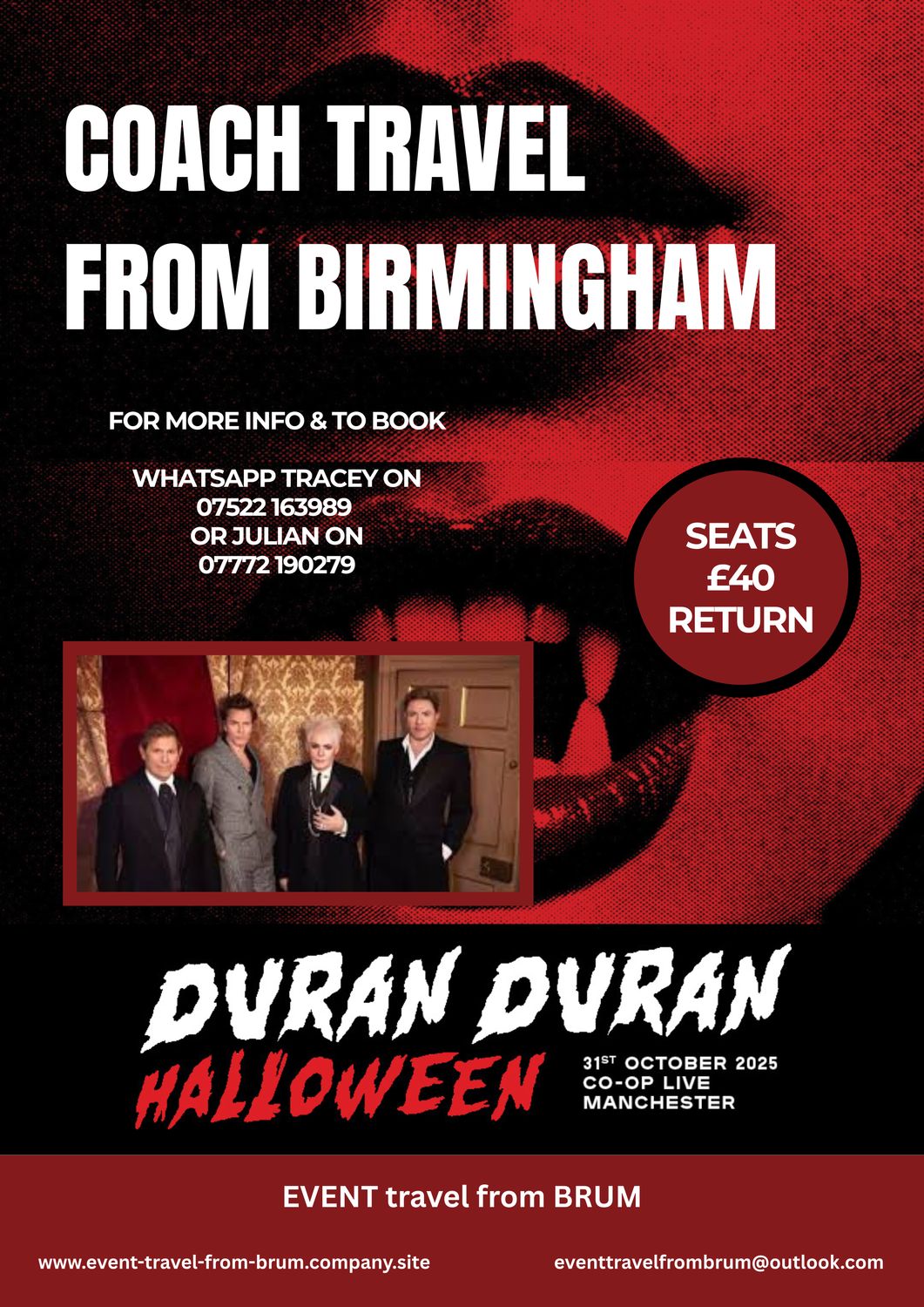 DURAN DURAN Halloween, COOP LIVE, Manchester - Coach Travel From Birmingham.