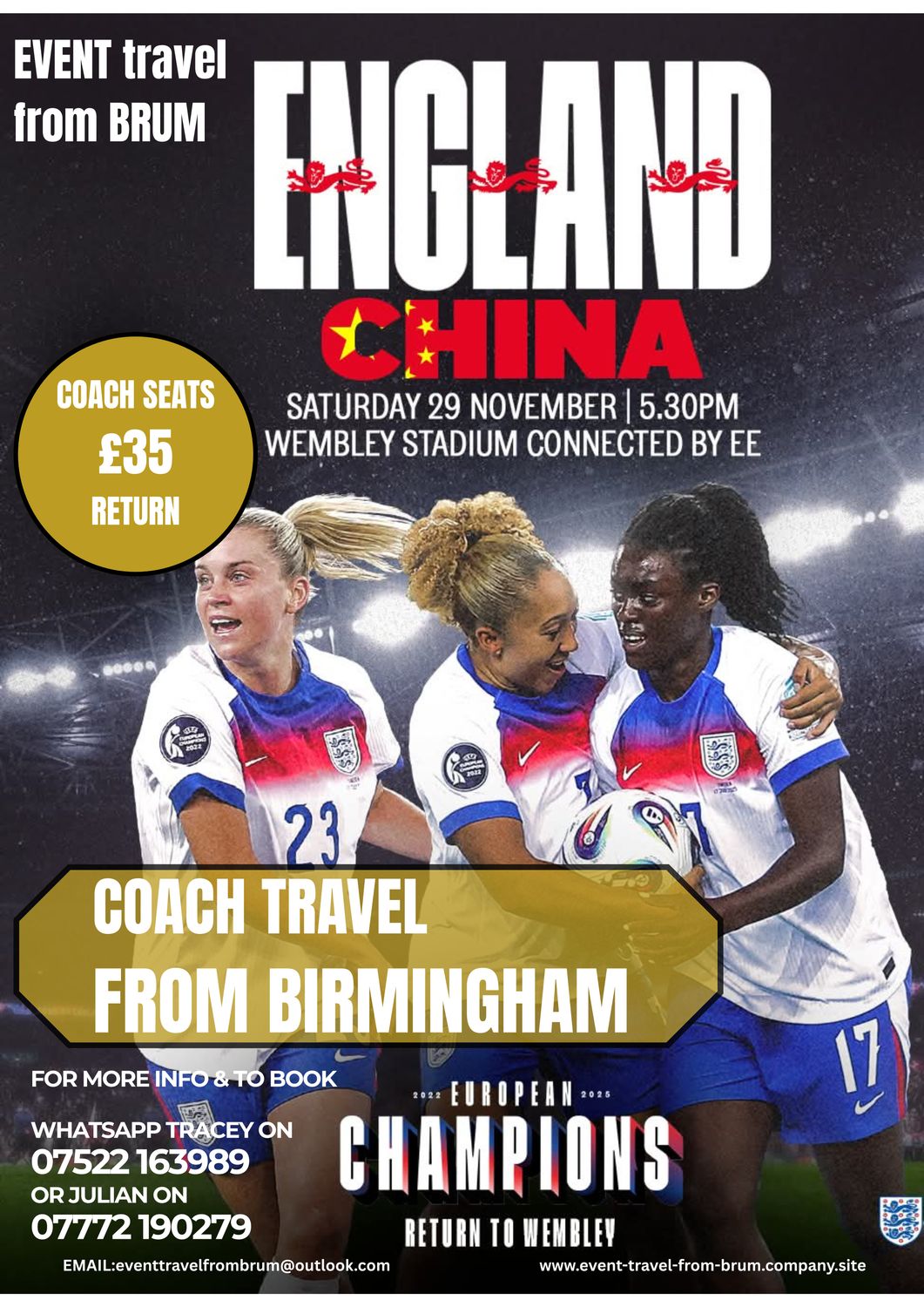 England Lionesses v China PR (EURO CHAMPIONS HOMECOMING MATCH) - Coach Travel from Birmingham