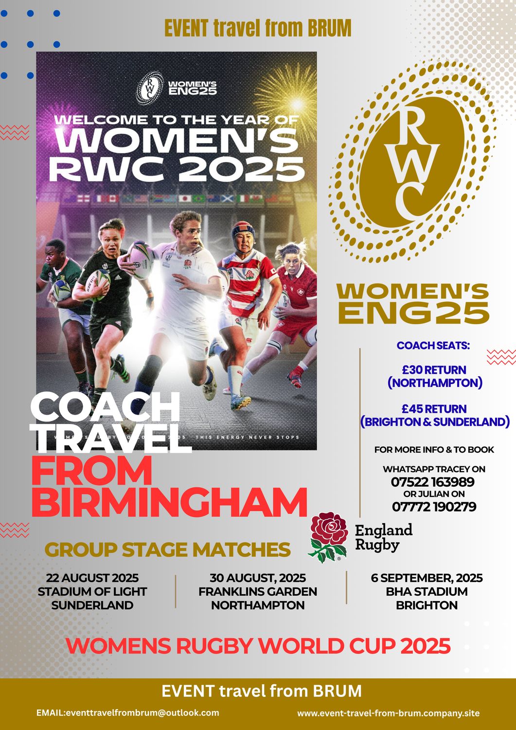 WOMENS RUGBY WORLD CUP - COACH TRAVEL FROM BIRMINGHAM
