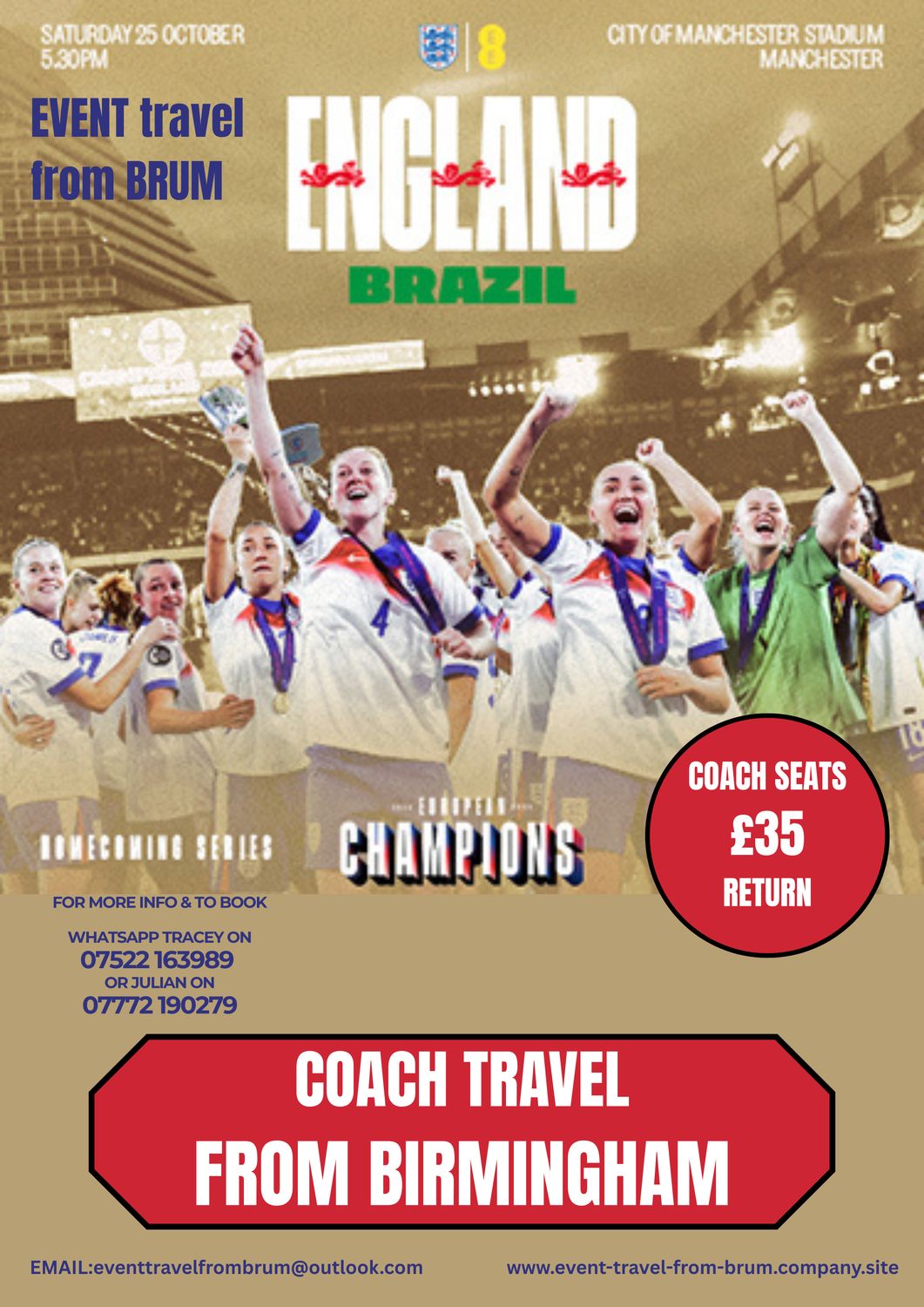 England Lionesses v Brazil (EURO CHAMPIONS HOMECOMING SERIES) - Coach travel from Birmingham