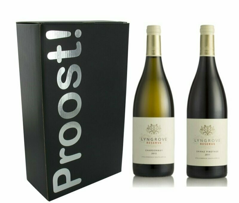 Proost doos met twee flessen Lyngrove wit en rood Reserva