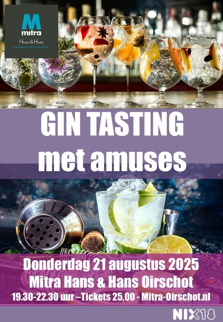 Ticket voor de GIN tasting met amuses van donderdag avond 21 augustus 2025