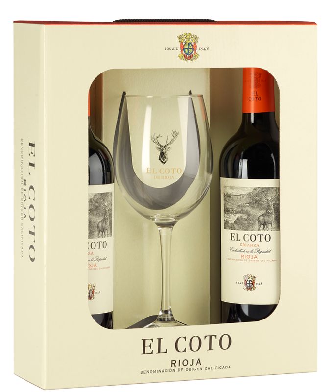El Coto Crianza mooie doos met twee flessen -en een glas - Spanje - Rioja