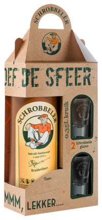 Schrobbeler kruidenlikeur cadeauverpakking 0.70 cl. met 2 glaasjes Schrobbeler kruidenlikeur cadeauverpakking 0.70 cl. met 2 glaasjes