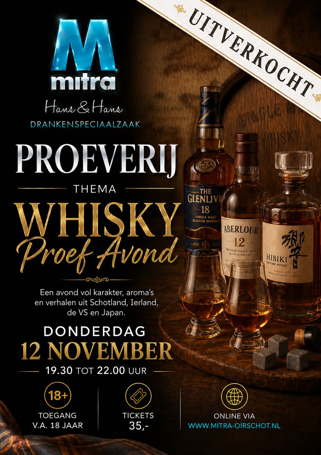 Ticket voor de Whisky Proef Avond op donderdag 12 november 2026 Ticket voor de Whisky Proef Avond op donderdag 12 november 2026