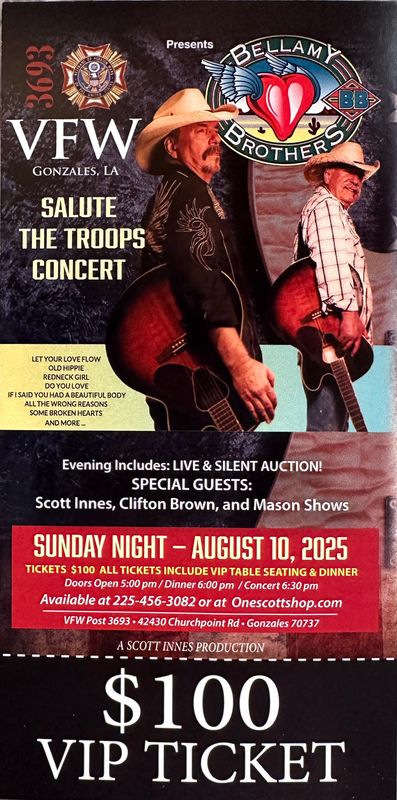 $100 VIP Ticket – Salute the Troops Concert featuring The Bellamy Brothers