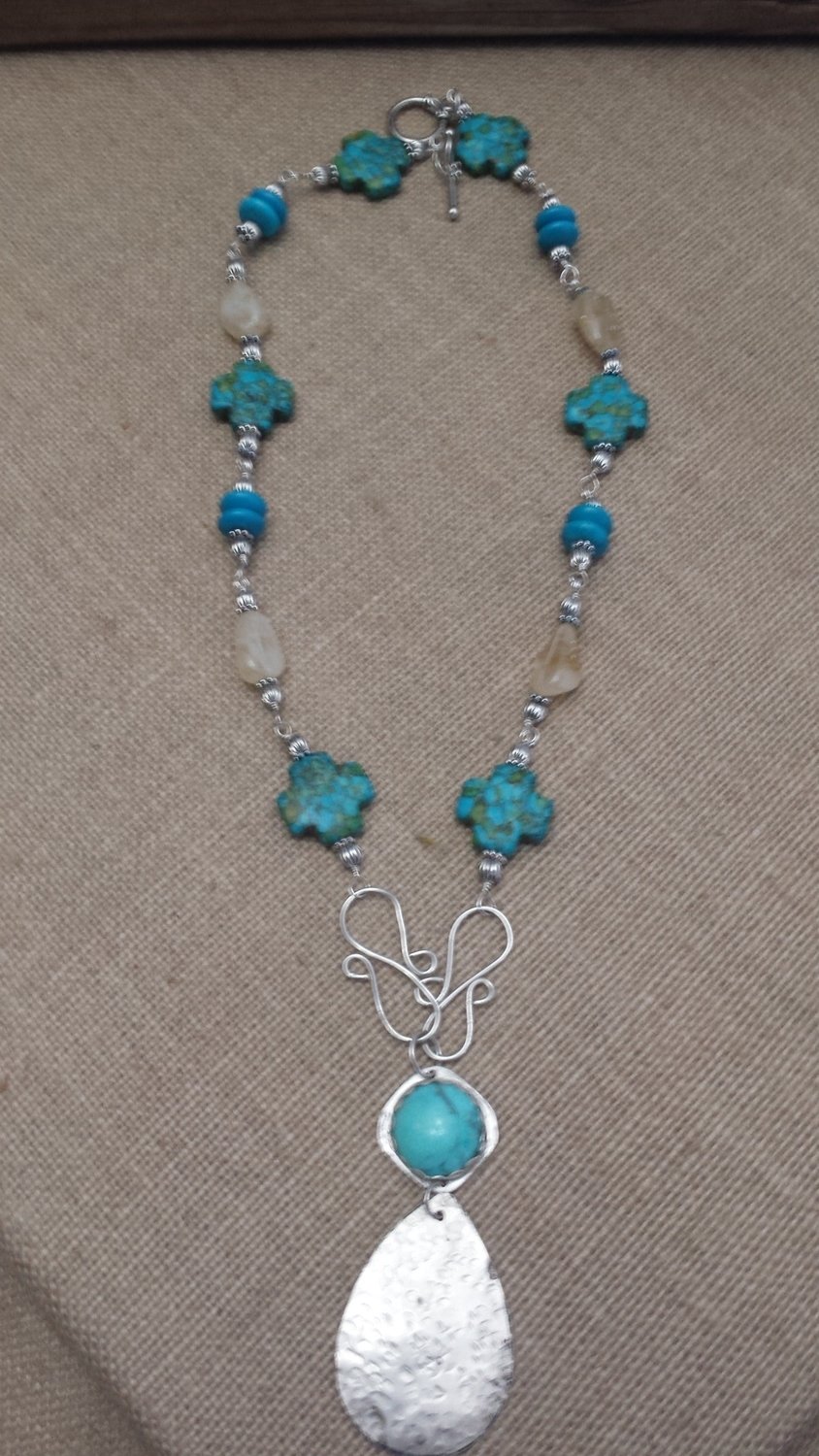 Necklace Turquoise Stones with Citrine, Turquoise beads set in Sterling Silver