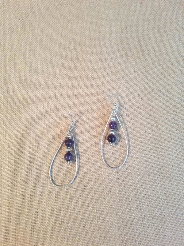 Earring Amethyst stones in Tear drop shape loops, Sterling Silver