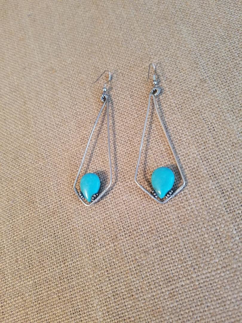 Earring Turquoise stones in Triangle shape loops set in Sterling Silver