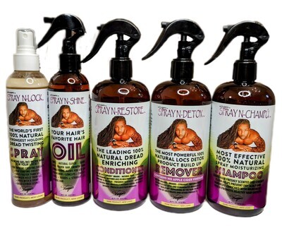 The Arsenal: *complete set of natural shampoo, conditioner, loc detox, loc twist spray &amp; hair oil*