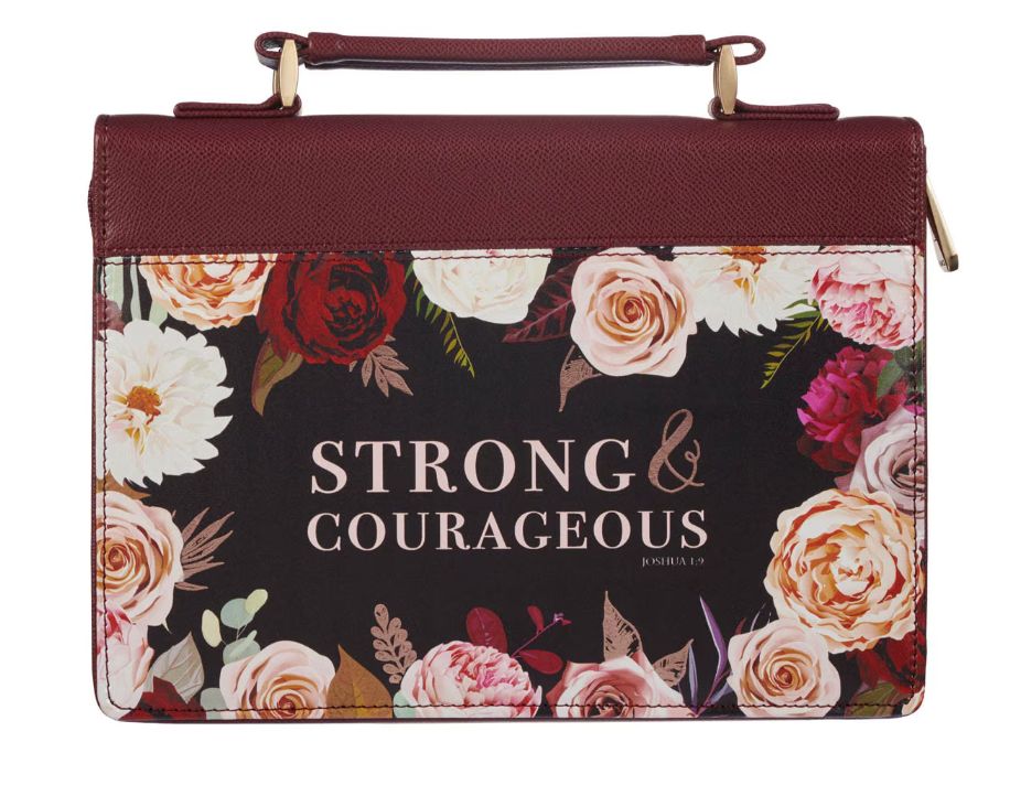 Strong and Courageous MD Merlot Bouquet Faux Leather Fashion Bible Cover – Joshua 1:9