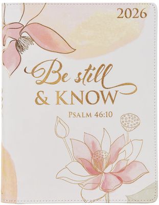 2026 Be Still Large Zippered Pink Faux Leather 18-month Planner for Women