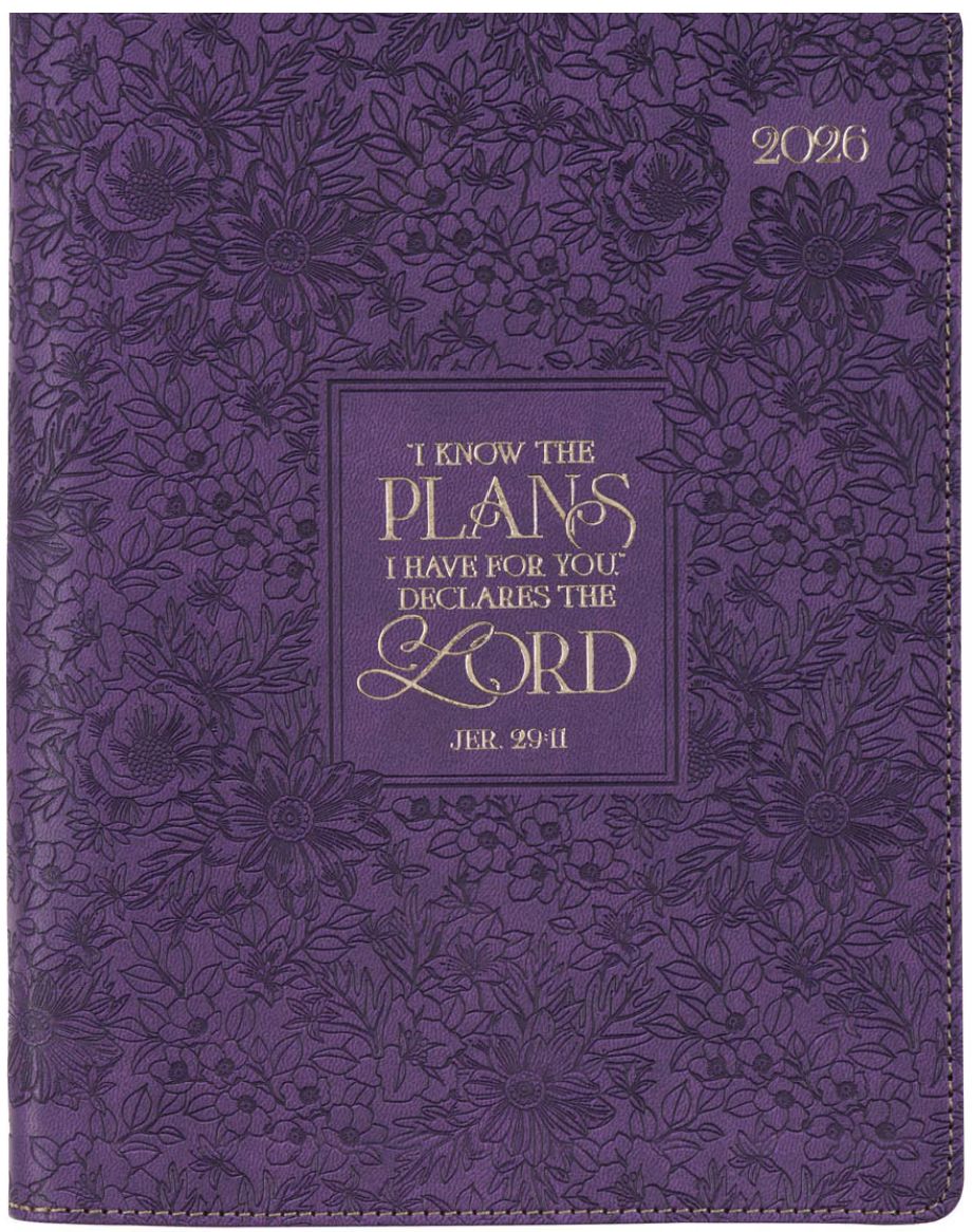 2026 I Know The Plans Large Zippered Purple Faux Leather 18-month Planner for Women - Jeremiah 29:11