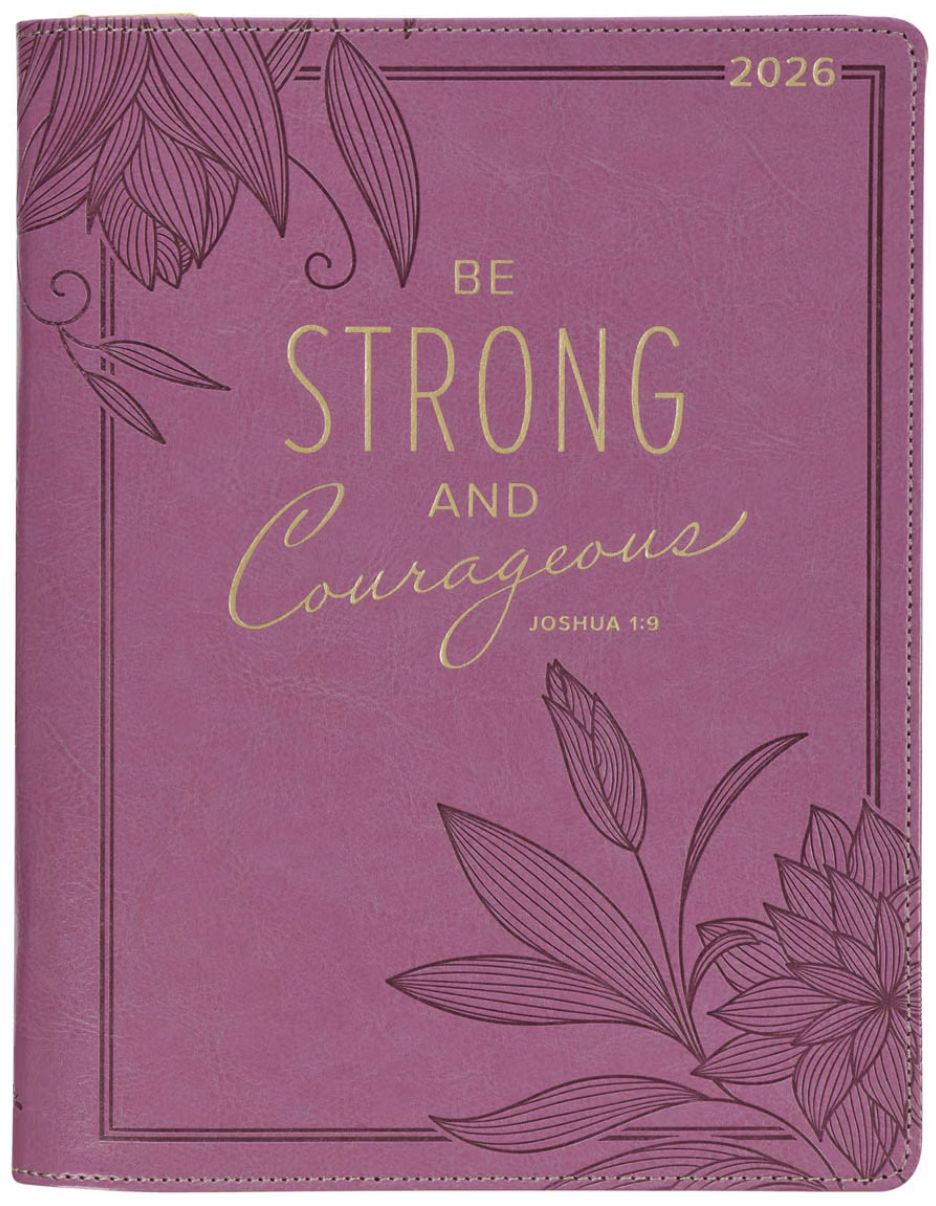 2026 Strong and Courageous Large Bright Pink Faux Leather Zippered 18-month Planner for Women - Joshua 1:9