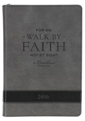 2026 Walk by Faith Gray Faux Leather Executive Planner with Zipper Closure - 2 Corinthians 5:7