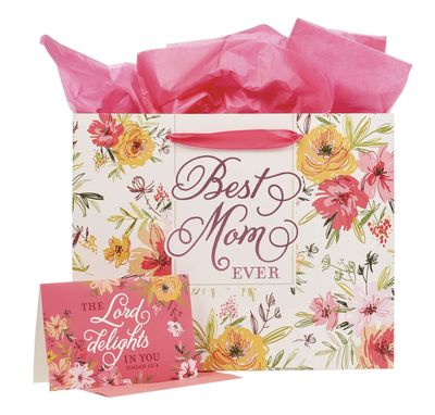 Best Mom Ever Pink Floral Large Gift Bag with Card - Isaiah 62:4