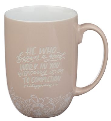 Good Work Pink Floral Ceramic Coffee Mug - Philippians 1:6