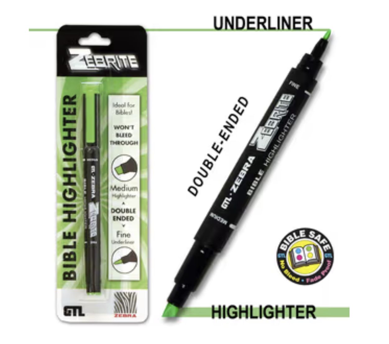 Zebrite Double Ended Highlighter - Green Carded
