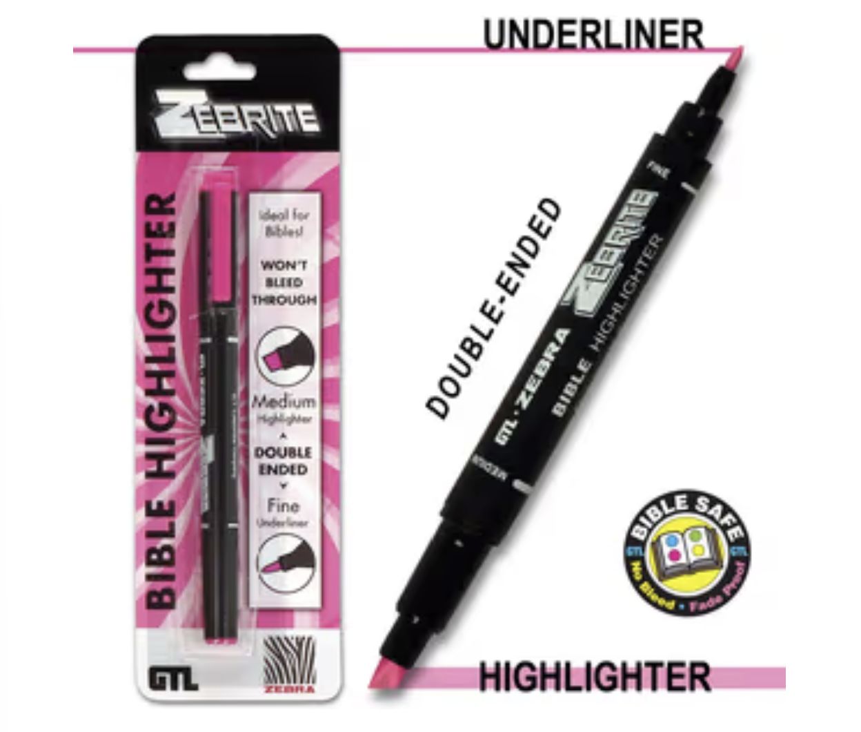 Zebrite Double Ended Highlighter - Pink Carded