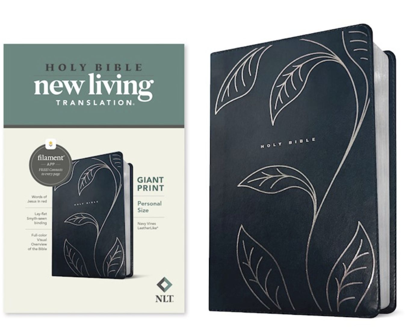 NLT Personal Size Giant Print Bible, Filament Enabled Edition-Navy Vines Leatherlike