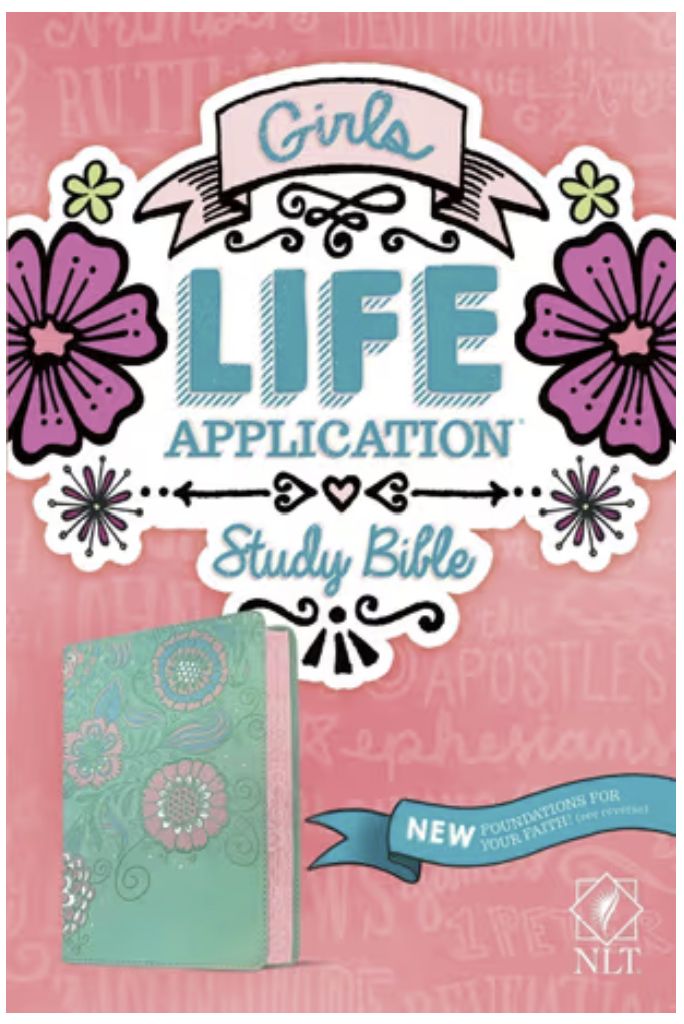 NLT Girls Life Application Study Bible Leatherlike, Teal/Pink Flowers