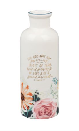 God Has Not Given Us a Spirit of Fear Teal Floral Ceramic Table Vase - Timothy 1:7