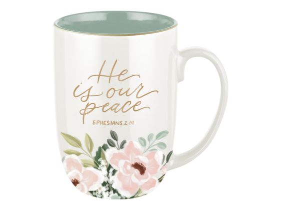 He Is Our Peace Green Floral Ceramic Coffee Mug – Ephesians 2:14