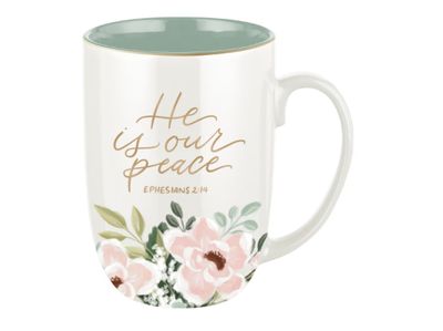 He Is Our Peace Green Floral Ceramic Coffee Mug – Ephesians 2:14