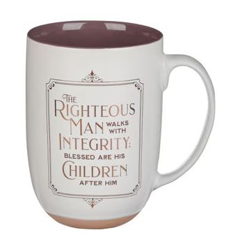 Righteous Man White and Gold Ceramic Coffee Mug with Exposed Clay Base - Proverbs 20:7