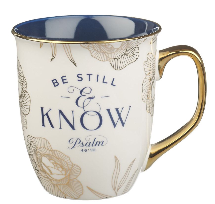 Be Still and Know Blue and Gold Floral Ceramic Mug - Psalm 46:10
