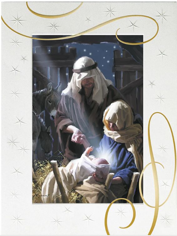 Mary Holding Baby Jesus W/ Joseph Premium Embossed Christmas Boxed Card Pk 12