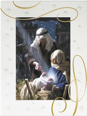 Mary Holding Baby Jesus W/ Joseph Premium Embossed Christmas Boxed Card Pk 12