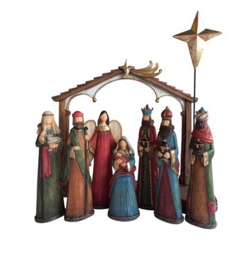 Set of 9, Resin Nativity set with house and cross, 6.5&quot;H