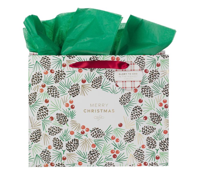 Gift Bag LG Landscape Merry Christmas Plaid Luke 2:14