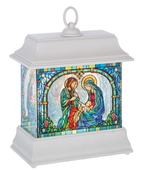 LED Light Up Stained Glass Shimmer Holy Family Scene Lantern